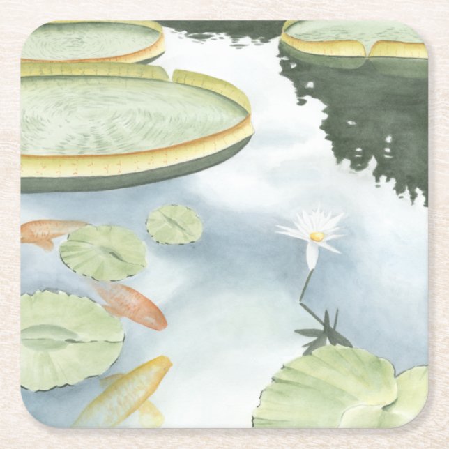 Koi Pond Reflection with Fish and Lilies Square Paper Coaster (Front)
