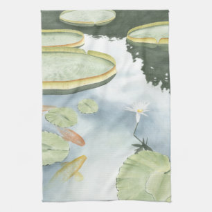 Koi Pond Reflection with Fish and Lilies Tea Towel