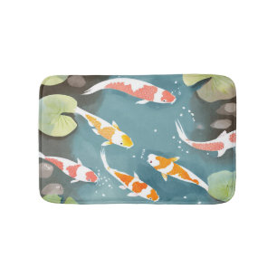 Koi Pond Watercolor Beautiful Fish Painting Bath Mat