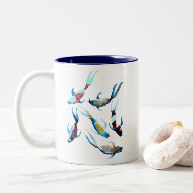 Koi watercolor fish art Two-Tone coffee mug (With Donut)