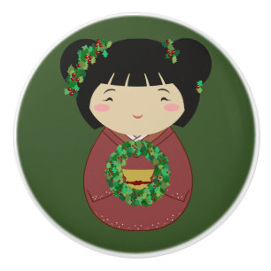 Kokeshi Christmas Wreath Ceramic Knob