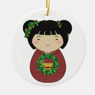 Kokeshi Christmas Wreath Ceramic Ornament