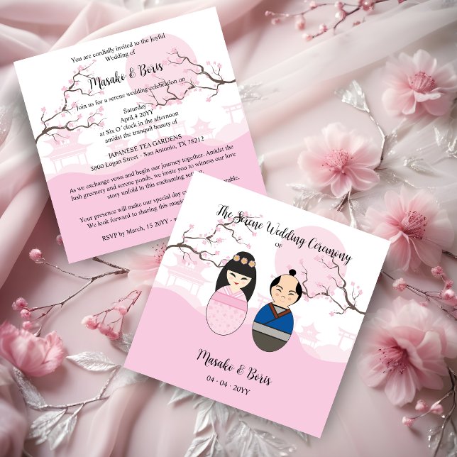 Kokeshi Couple Japanese Inspired Themed Invitation (Kokeshi Couple Japanese Inspired Themed Traditional Landscape Garden in Pink Wedding Invitation Card)