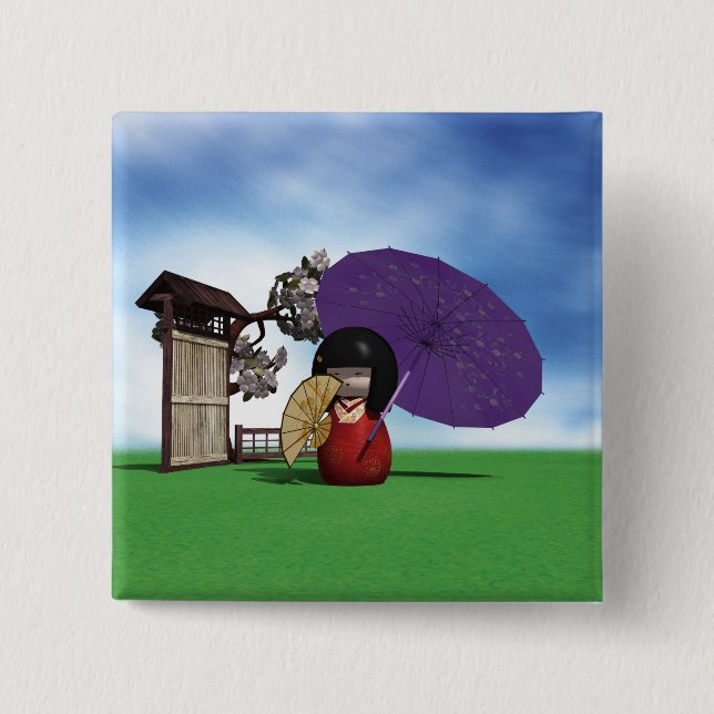 Kokeshi Doll 15 Cm Square Badge (Front)