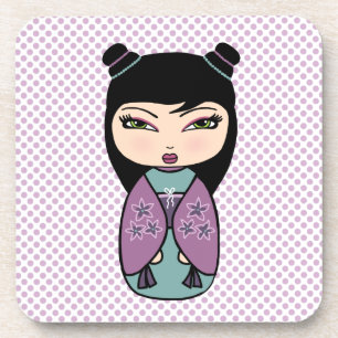 Kokeshi Doll 3 coasters with cork back - set of 6