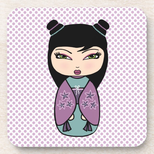 Kokeshi Doll 3 coasters with cork back - set of 6 (Front)