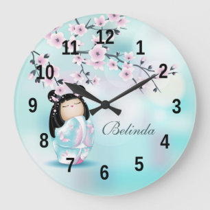 Kokeshi Doll and Cherry Blossoms Turquoise  Large  Clock