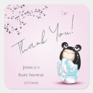 Kokeshi Doll Baby Shower Thank You Square Sticker