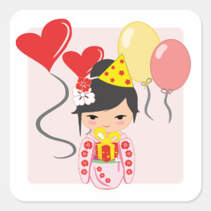 Kokeshi Doll Birthday Party Square Sticker