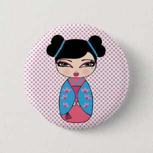 Kokeshi Doll Blue, 2¼ Inch Round Button
