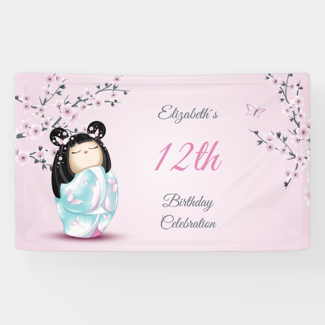 Kokeshi Doll Cherry Blossom | Girl´s Birthday Banner (Horizontal)