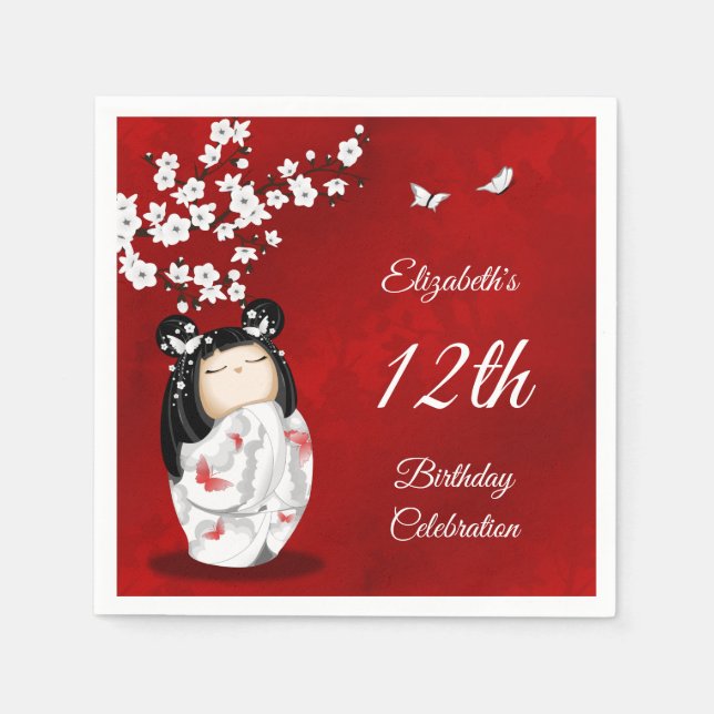 Kokeshi Doll Cherry Blossom | Girl´s Birthday Napk Napkin (Front)