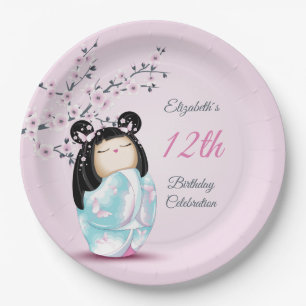 Kokeshi Doll Cherry Blossom Girl´s Birthday Paper Plate