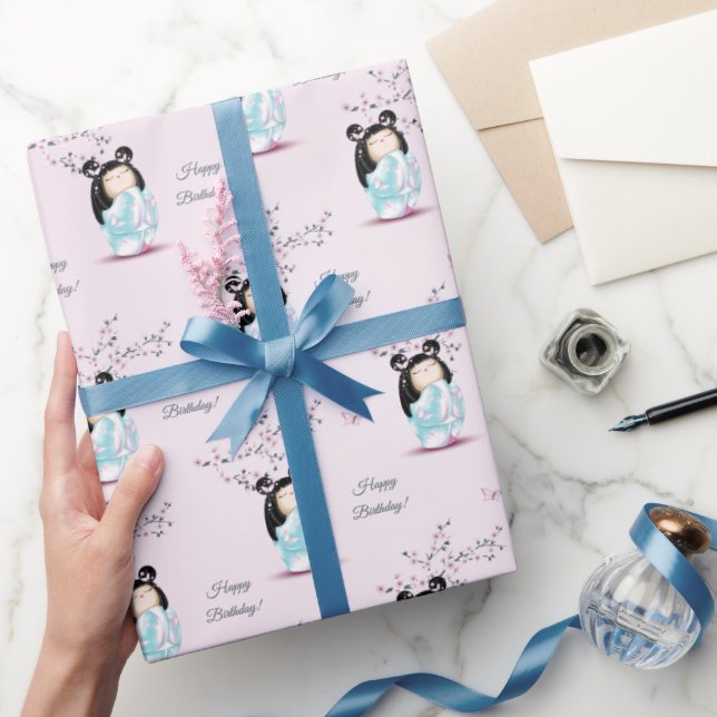 Kokeshi Doll Cherry Blossom | Girl´s Birthday Wrapping Paper (Gifting)