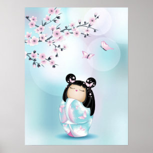 Kokeshi Doll Cherry Blossom Turquoise Girls  Poster