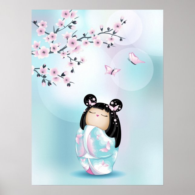 Kokeshi Doll Cherry Blossom Turquoise Girls  Poster (Front)