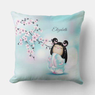 Kokeshi Doll Cherry Blossoms Monogram Throw Pillow