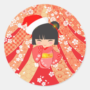 Kokeshi Doll Christmas Card Classic Round Sticker