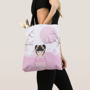 Kokeshi Doll in Pink on Typical Japanese Landscape Tote Bag