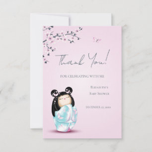 Kokeshi Doll Pink Girl Baby Shower Thank You Card