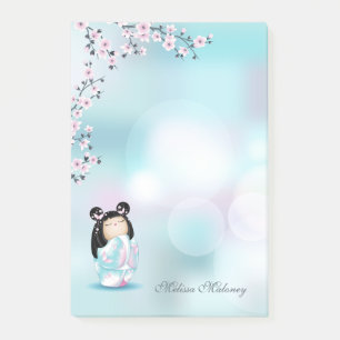 Kokeshi Doll Pink Grey  Monogram Post-it Notes
