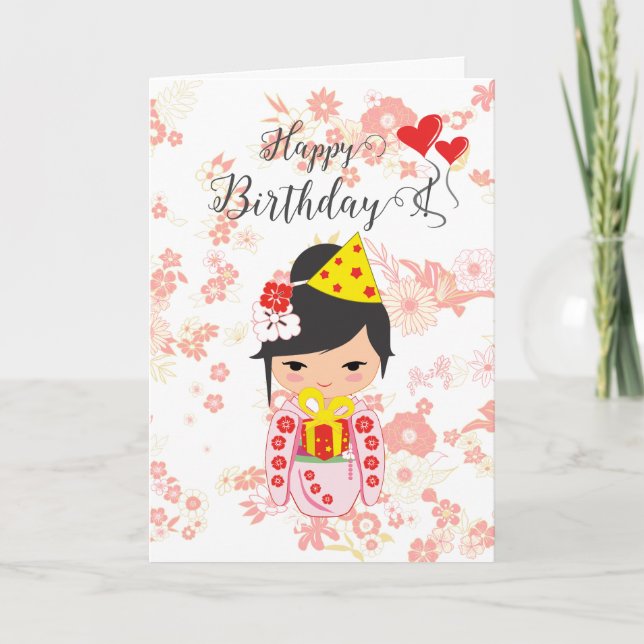 Kokeshi Doll Pink Happy Birthday Card (Front)