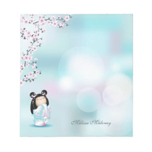 Kokeshi Doll Pink Turquoise Monogram Notepad