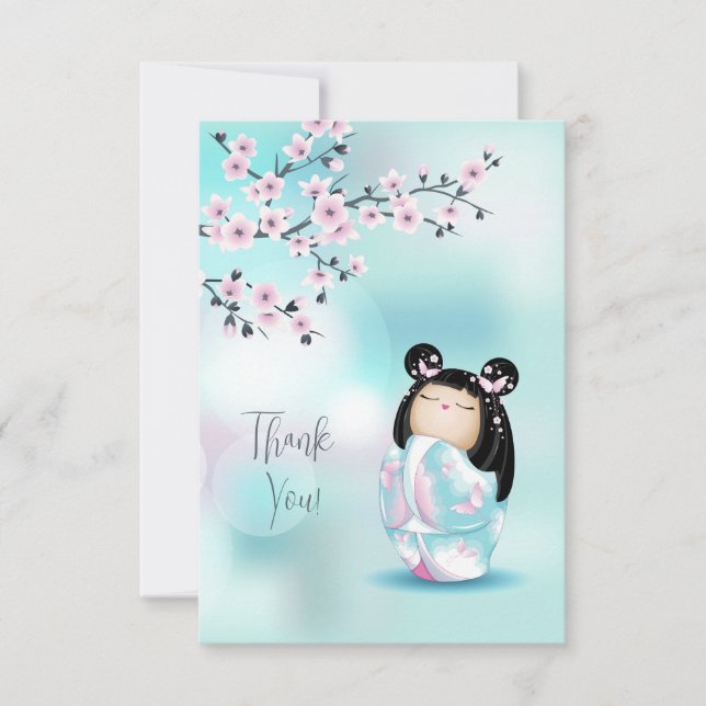 Kokeshi Doll Pink Turquoise Thank You  (Front)