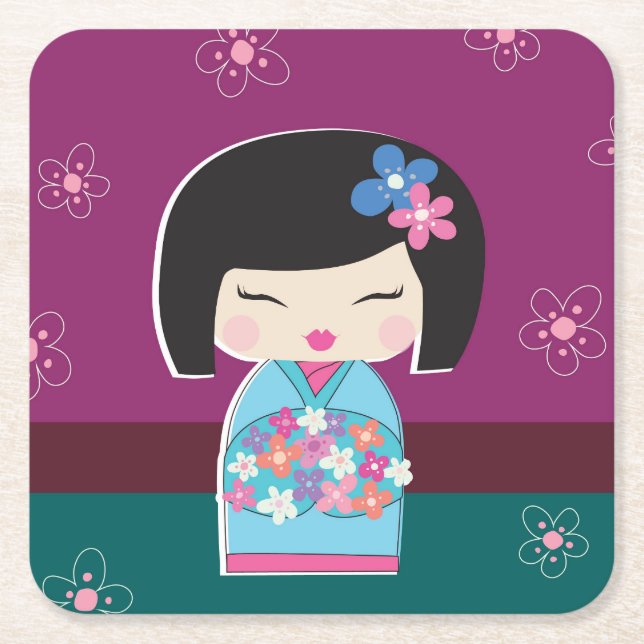 Kokeshi Doll, plum Square Paper Coaster (Front)