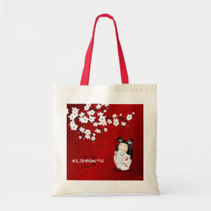 Kokeshi Doll Red Black And White Cherry Blossom T Tote Bag
