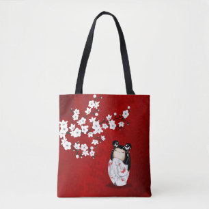 Kokeshi Doll Red Black And White Cherry Blossoms T Tote Bag