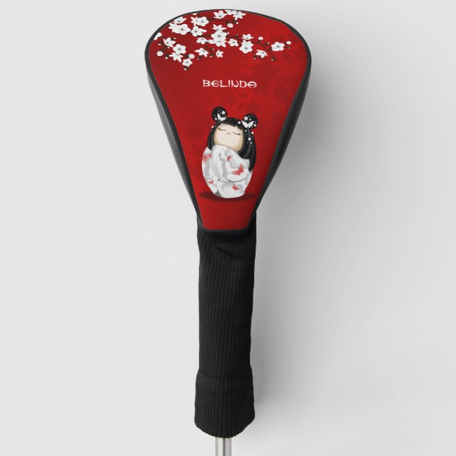 Kokeshi Doll Red Black White Cherry Blossom Golf Head Cover (Front)