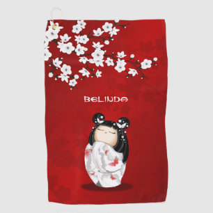 Kokeshi Doll Red Black White Cherry Blossom Golf Towel