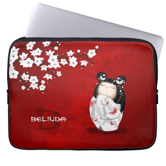 Kokeshi Doll Red Black White Cherry Blossom  Laptop Sleeve (Front)