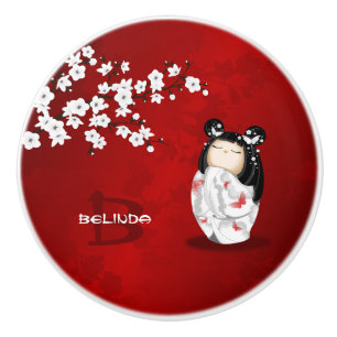 Kokeshi Doll Red Black White Cherry Blossoms Ceramic Knob
