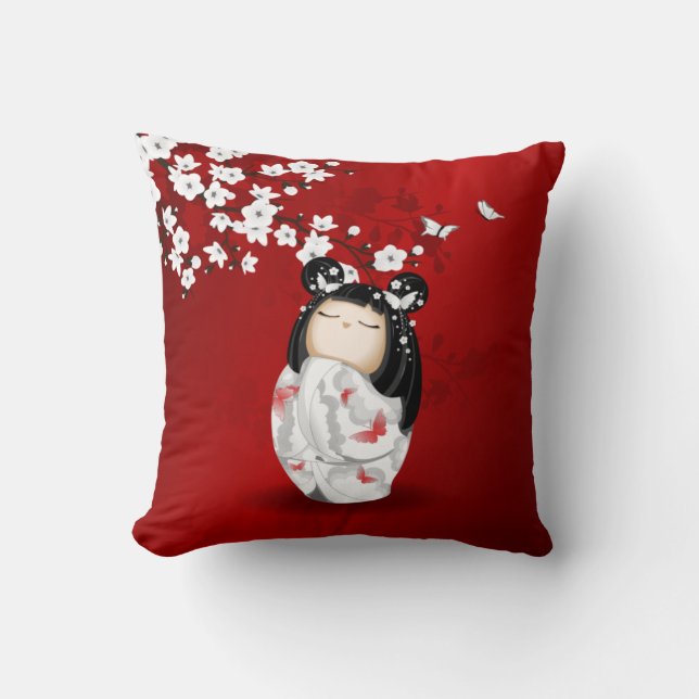 Kokeshi Doll Red Black White Cherry Blossoms Cushion (Front)