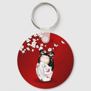 Kokeshi Doll Red Black White Cherry Blossoms Key Ring