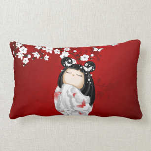 Kokeshi Doll Red Black White Cherry Blossoms Lumbar Cushion