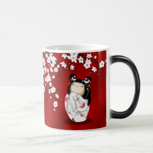 Kokeshi Doll Red Black White Cherry Blossoms  Magic Mug