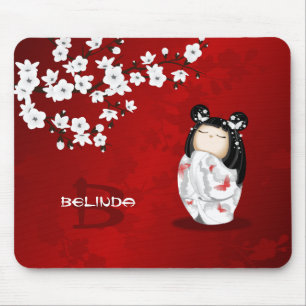 Kokeshi Doll Red Black White Cherry Blossoms  Mouse Pad