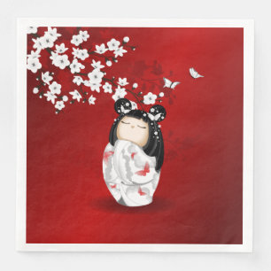 Kokeshi Doll Red Black White Cherry Blossoms Napkin