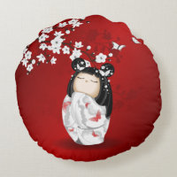 Kokeshi Doll Red Black White Cherry Blossoms