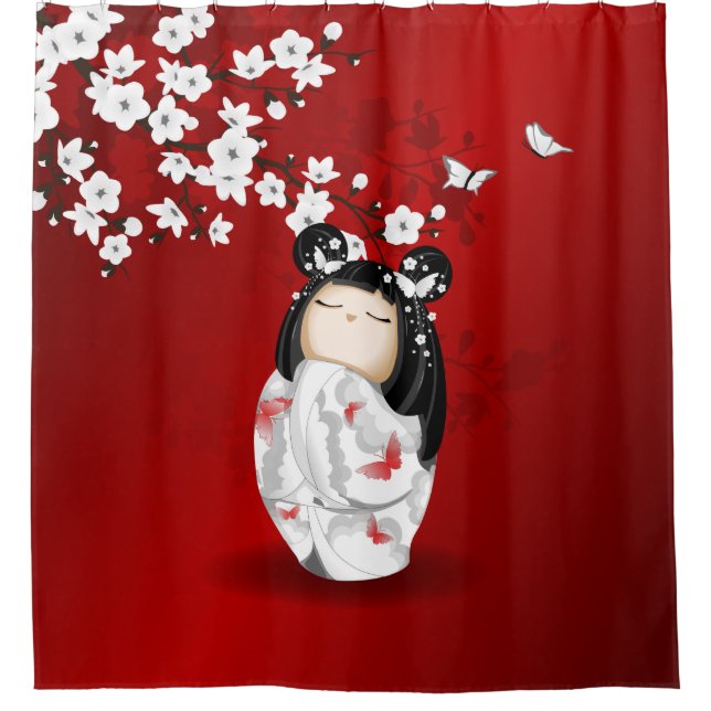 Kokeshi Doll Red Black White Cherry Blossoms Shower Curtain (Front)