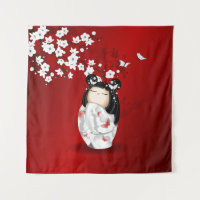 Kokeshi Doll Red Black White Cherry Blossoms