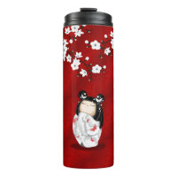 Kokeshi Doll Red Black White Cherry Blossoms