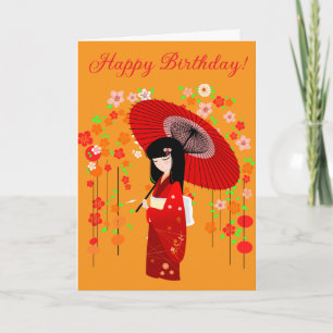Kokeshi Doll Red Umbrella Birthday Card