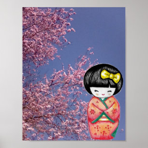Kokeshi Doll Sakura Cherry Blossoms Poster Print