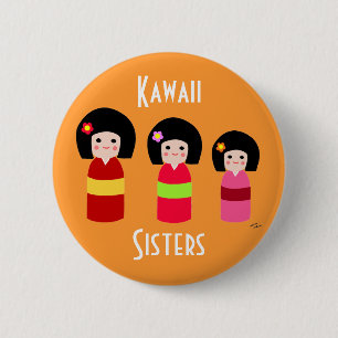 Kokeshi Doll Sisters Cartoon 6 Cm Round Badge