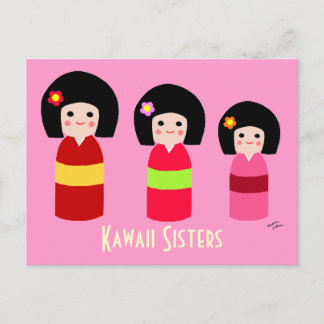 Kokeshi Doll Sisters Cartoon Postcard