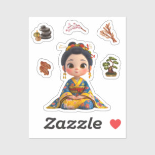 Kokeshi Doll Sticker Blue and Gold